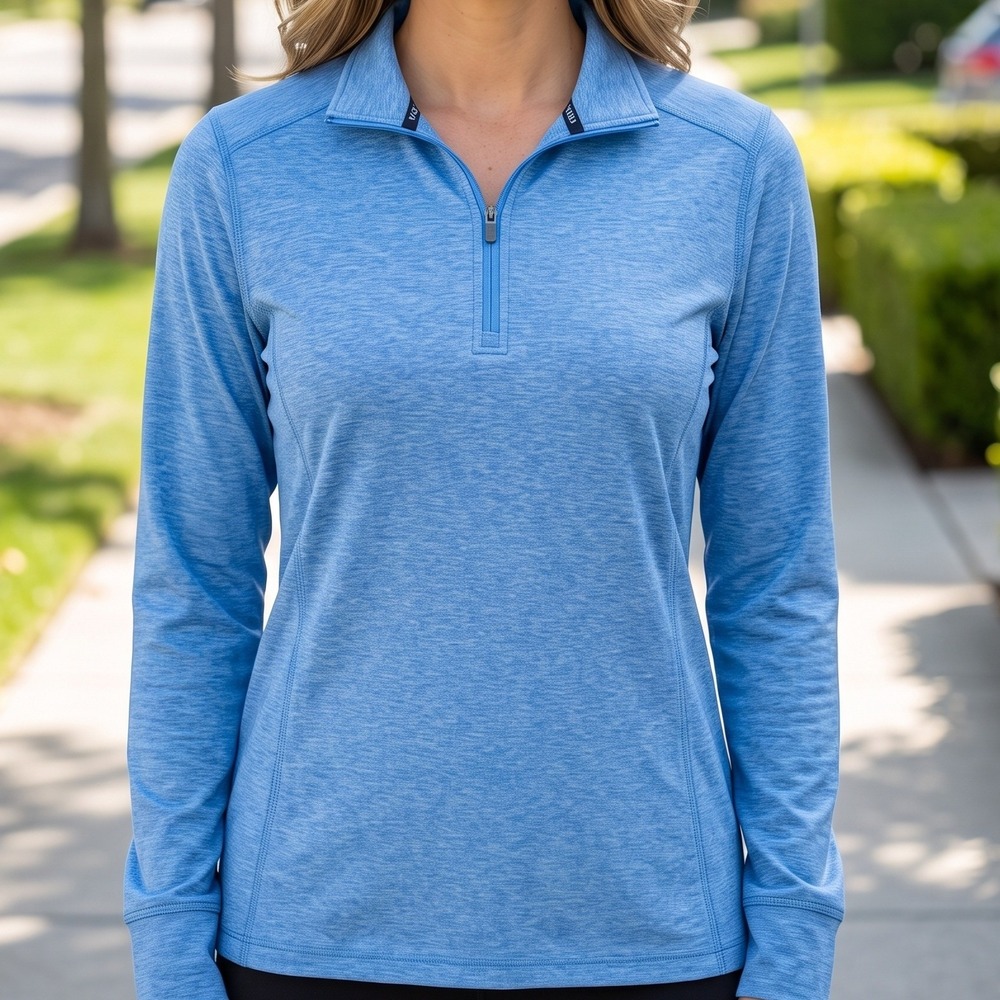Vansport Womens Light Blue Heathered Quarter Zip Pullover Mock Neck Active Top